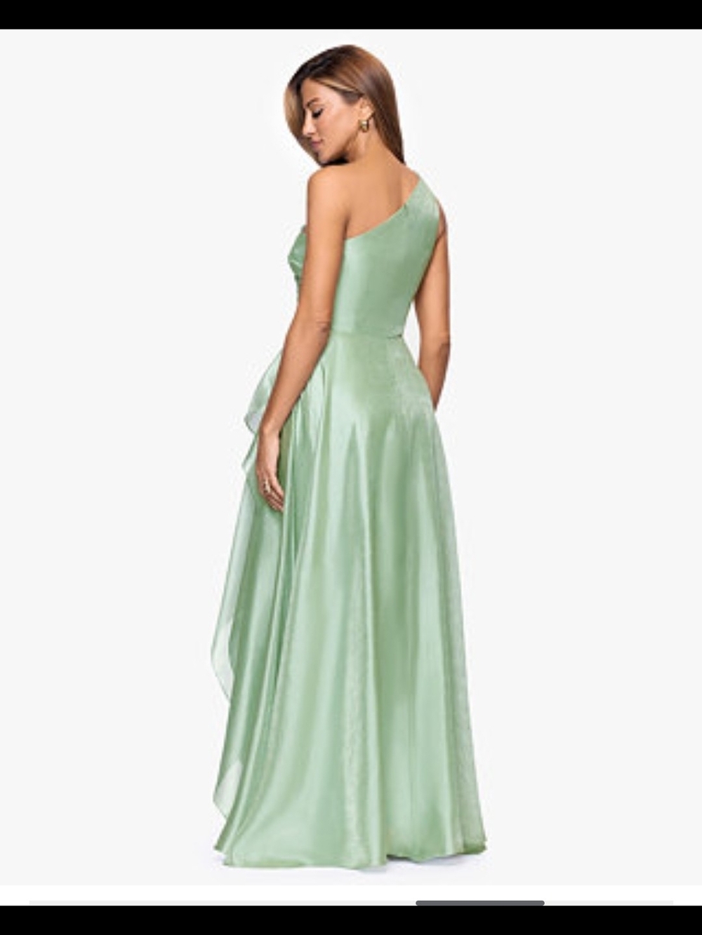 Xscape One-Shoulder Ruffle-Front Evening Gown Mint Metallic Draped Size 14 - Picture 2 of 8